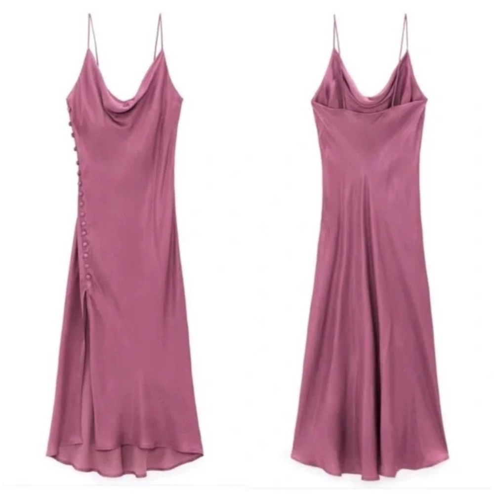 ZARA NWT Buttoned Cowl Neck Slip Midi Dress in Mauve / Dark Pink
